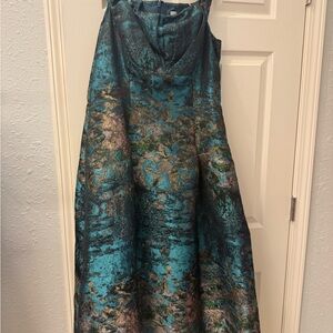 Kay Unger Teal and Gold Patterned Midi Dress